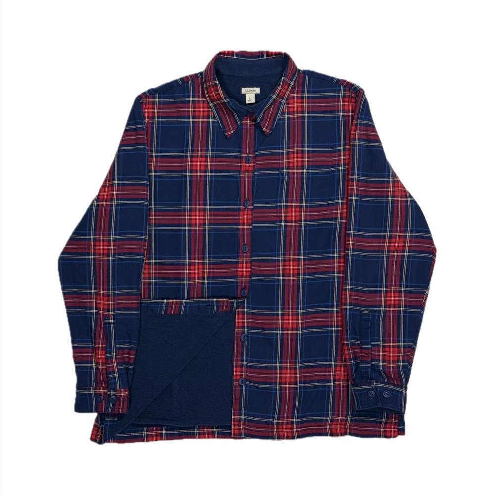 LL Bean 285013 red blue plaid fleece lined flannel shacket shirt women's large